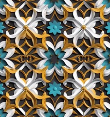 3d vector seamless pattern with arabesque and islamic geometric ornament, grey black white blue turquoise yellow gold colors