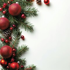 Red Christmas ornaments and pine branches on a white background. Festive holiday border.