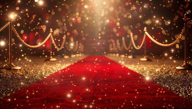 Red carpet with golden stanchions and sparkling lights, perfect for award ceremony or celebrity event background.