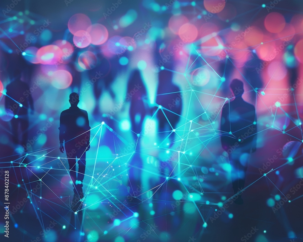 Wall mural silhouettes of people walking with a glowing network of lines and dots in the background. a concept 