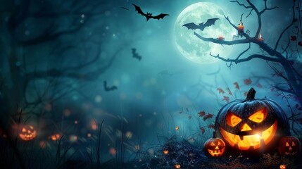Spooky Halloween scene with jack-o-lanterns, bats, and a full moon in a dark forest.