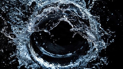 Close-up of a water splash against a black background, capturing the dynamic motion and intricate details of the liquid in mid-air.