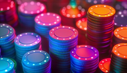 Stacks of colorful casino chips illuminated by neon lights.