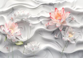 3d wallpaper with lotus flowers, pink and white color, light gray background, wave line, curve, high quality render
