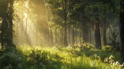 Obraz premium Sunlight streams through the trees in a dense forest, illuminating the lush green undergrowth.