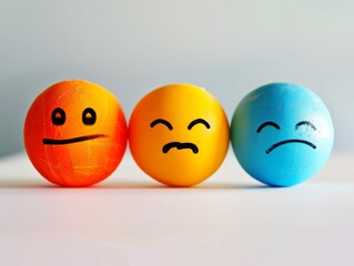 Fototapeta premium Three colorful eggs with different facial expressions, representing emotions like neutral, sad, and confused.