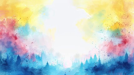 A vibrant watercolor painting depicting a forest with a colorful sky, blending hues of blue, yellow, and pink, capturing the essence of nature's beauty.