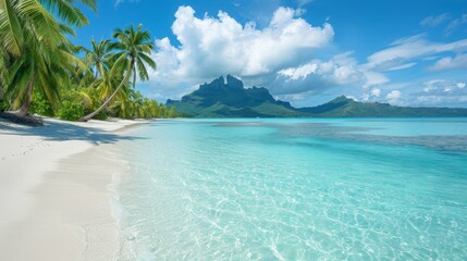 Fototapeta premium Tranquil beach with crystal clear water, palm trees, and a lush green mountain in the background.