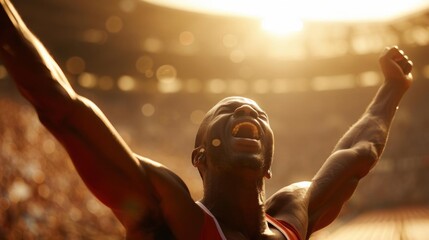 Fototapeta premium A male athlete celebrates a victory with arms raised high in a stadium.