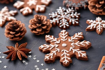 Fototapeta premium Snowflakes falling in a festive winter scene, creating a picturesque christmas backdrop