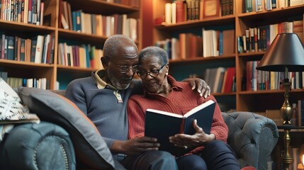 Senior Couple Enjoying Reading Large-Print Books in Cozy Home Library Nook