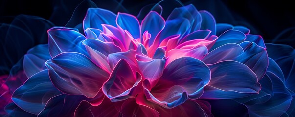 striking neon flower in deep indigo and bright pink the petals layered and textured casting soft ambient light that creates mystical atmosphere.