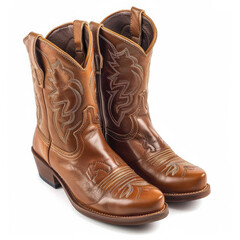 Stylish kids' cowboy boots in brown leather, isolated on white background