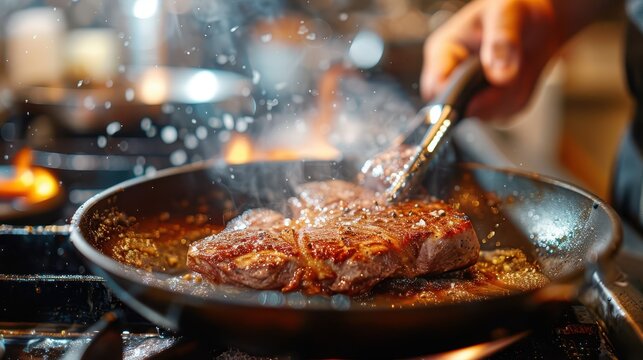 A close-up photograph of a lamb steak being seared in a pan, the chef's hand holding the tongs, sizzling and smoke rising