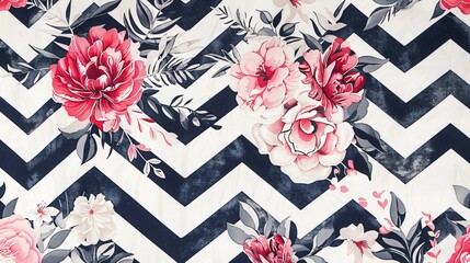A blend of bold chevron stripes and delicate floral designs, creating a balanced and dynamic pattern