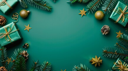 Christmas banner with festive decorations as frame on green background with copy space for text in the middle, top view.