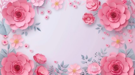 This image showcases pastel pink flowers intricately placed to form a frame, bringing out the charm and grace of large blossoms against a light backdrop, perfect for romantic themes.