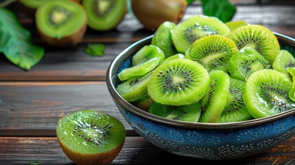 This image features slices of fresh kiwi fruit elegantly arranged in a bowl, placed on a wooden table setting, emphasizing freshness, natural goodness, and a rustic feel.