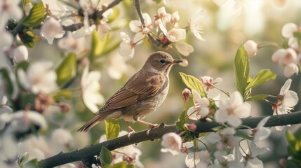 Serene Spring Scene: Bird Perched on Blossoming Branch