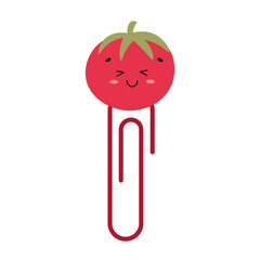 Funny hand drawn paper clip for kids with tomato character. Cute safety pins