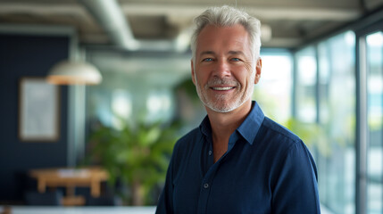 Man smiling blue shirt window