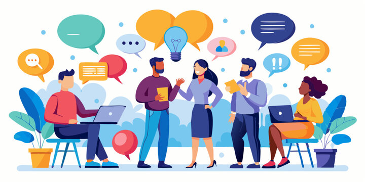 Businesspeople discussing ideas and solutions through chat bubbles, brainstorming for effective communication and problem-solving