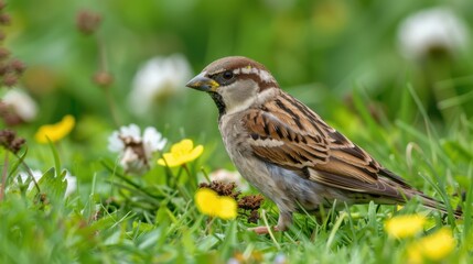 Serene Bird Foraging for Food in Lush Green Grass
