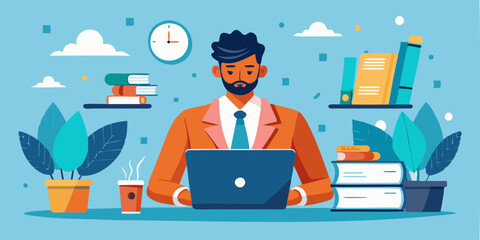 Calm and Confident Leader Thrives Under Pressure, Completing Work on Time with Laptop and Paperwork in Hand