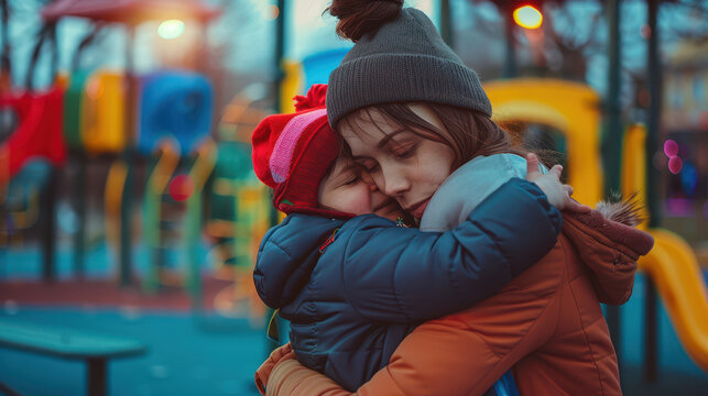A photographic style of a mother, hugging her child goodbye at school, close-up view