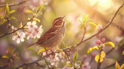 Fototapeta premium Melodious Morning: Bird Singing in Spring Sunshine