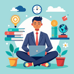 Calm and Confident Leader Thrives Under Pressure, Completing Work on Time with Laptop and Paperwork in Hand