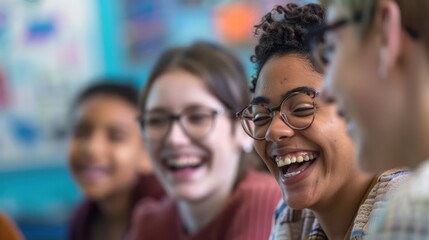 Fototapeta premium A photographic style of a teacher, laughing with students during a fun activity, close-up view