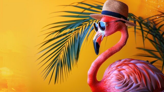 A pink flamingo wearing sunglasses and a hat, standing under a palm leaf on a vibrant yellow summer background.