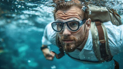 Fototapeta premium Man with goggles swimming underwater, wearing a shirt and looking determined, surrounded by clear blue water and making eye contact with the camera.