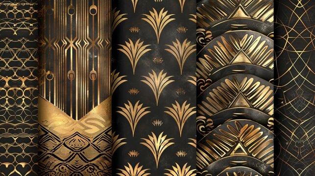 Elegant Art Deco patterns with symmetrical designs and luxurious metallic accents