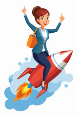 Confident businesswoman entrepreneur riding rocket, successful startup and professional management concept