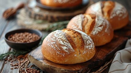 Freshly baked round loaves of bread resting on wooden cutting board