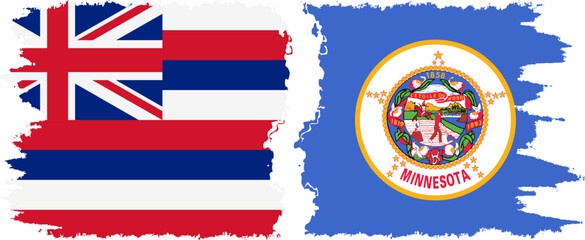 Minnesota and Hawaii states grunge brush flags connection vector old