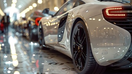 Brand new white sports car standing in dealership showroom