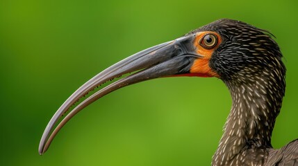 Obraz premium Intense Gaze: Close-Up of Bird's Beak and Eyes on Vibrant Green Background