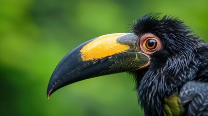 Obraz premium Intense Gaze of a Bird: Close-up Portrait of Beak and Eyes on Green Background