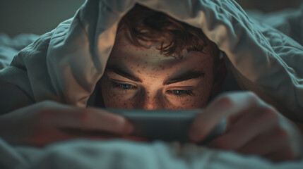 A teenager on his phone while lying in bed. Gadgets in bed before bedtime - Social media and gaming addiction.