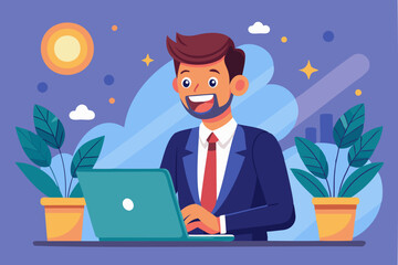 Happy Businessman Enjoying Work with Laptop Computer, Loving Job and Career Satisfaction
