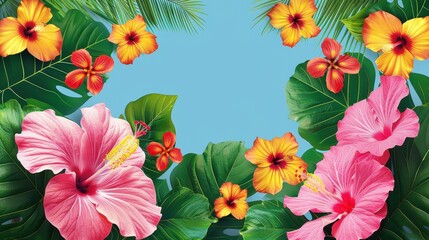 A captivating display of pink and yellow hibiscus flowers surrounded by lush green leaves, creating a stunning and vibrant tropical scene perfect for summer imagery.