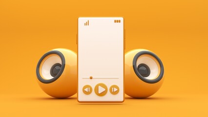 Wireless headphones with smartphone and flying books - 3d render. Concept for online audiobook, radio, listening to podcasts, books at full volume. Digital illustration for mobile music app, song.