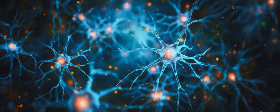 Detailed digital illustration of a human neuron with axons and dendrites