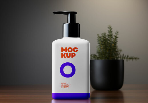 Cosmetic Pump Bottle Mockup on Wooden Table &ndash; Realistic Packaging Template for Skincare Branding, Liquid Soap Presentation, or Personal Care Product Design