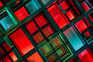 Modern green and red abstract 3D background with squares, textured geometric backdrop for digital projects. Geometric shapes overlap. Futuristic neon grid. Vibrant electric colors on dark canvas. 