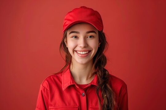 A female delivery driver wearing a red shirt and a red hat is smiling