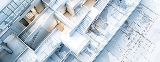 Architectural Model of a Modern Building with Blueprint Overlay